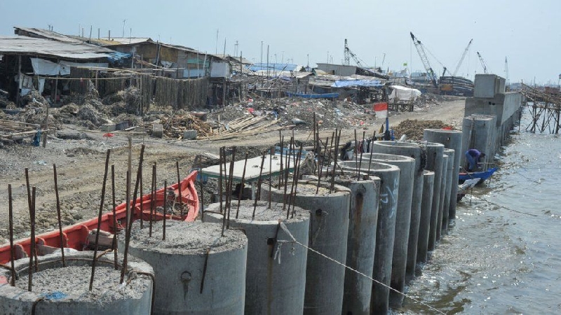 The construction of the sea wall is underway